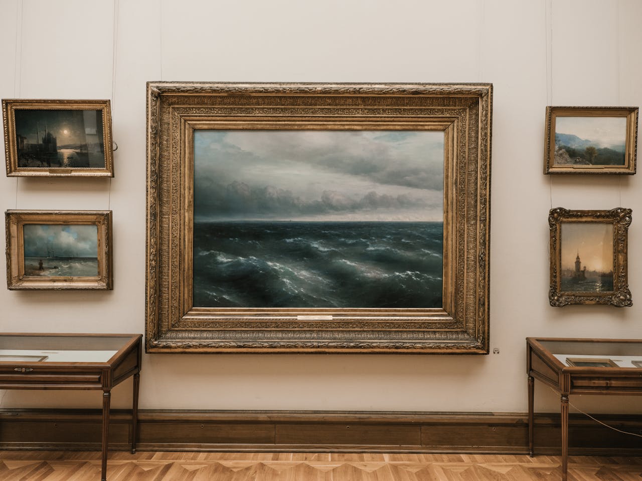 proba Elegant seascape painting in a classic art gallery with vintage frames.